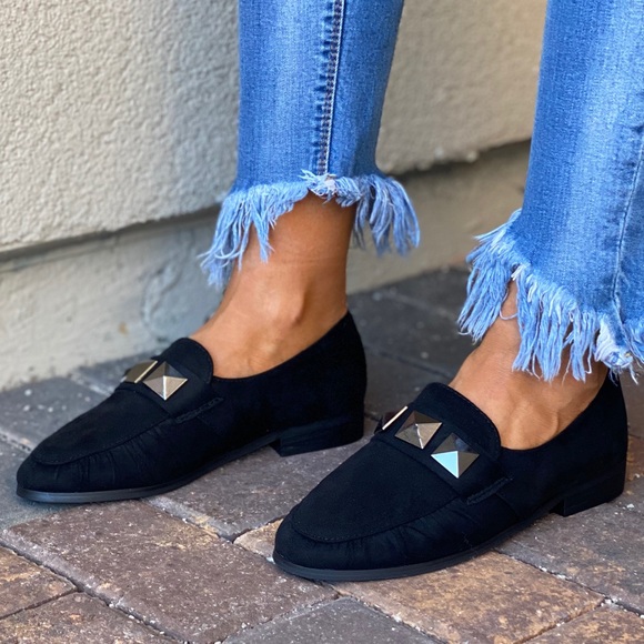 Black Studs Vamp Boyfriend Slip On Loafer Flats - Picture 4 of 8